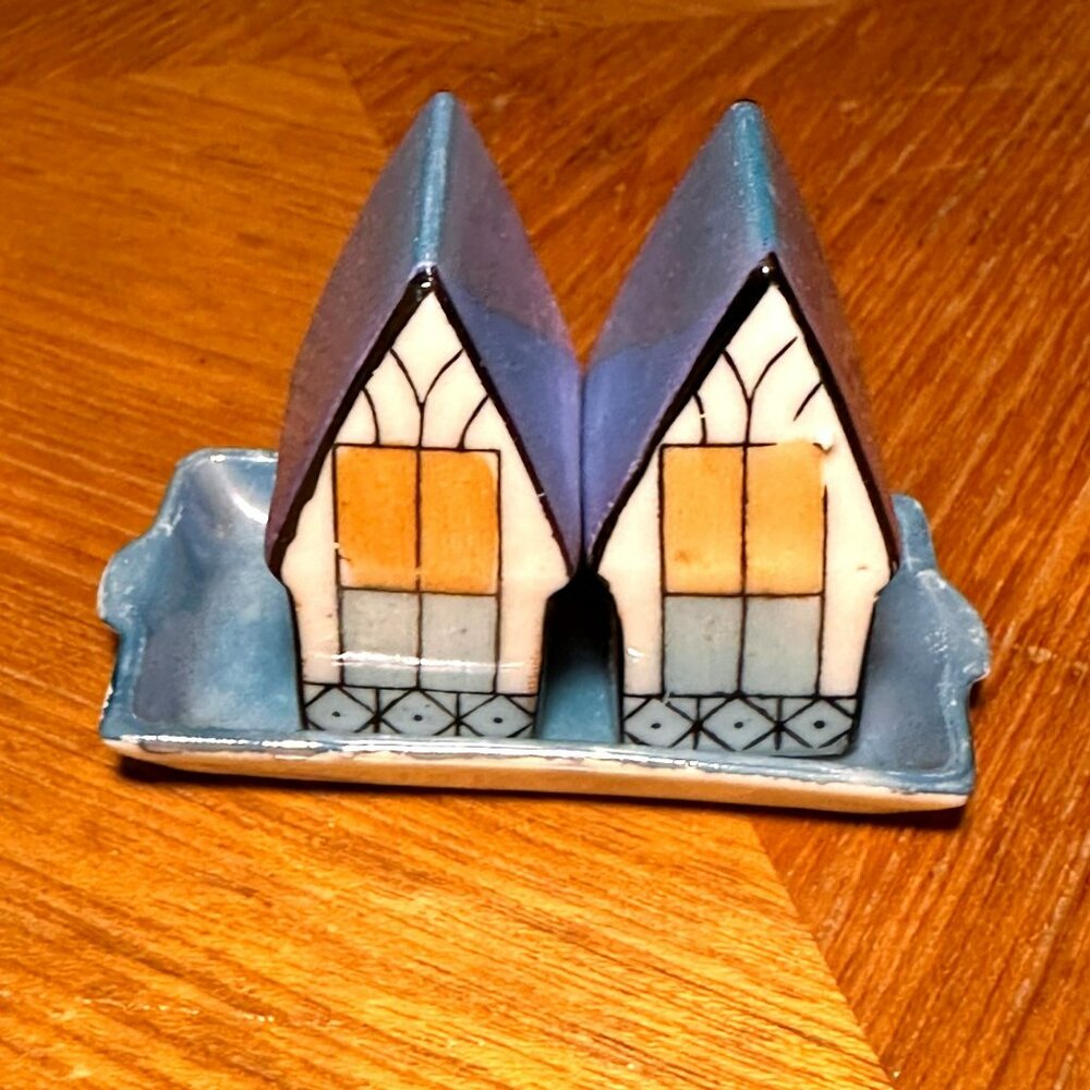 Vintage Japanese Lustreware Salt & Pepper Shakers With Tray Hand-Painted Cottage
